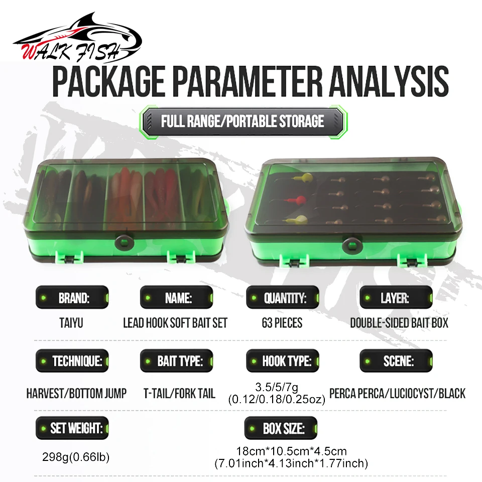 WALK FISH-contenedor de cebo de pesca portátil, caja de señuelos de pesca de doble cara con cebos blandos, anzuelos afilados, 63 piezas - imagen 2