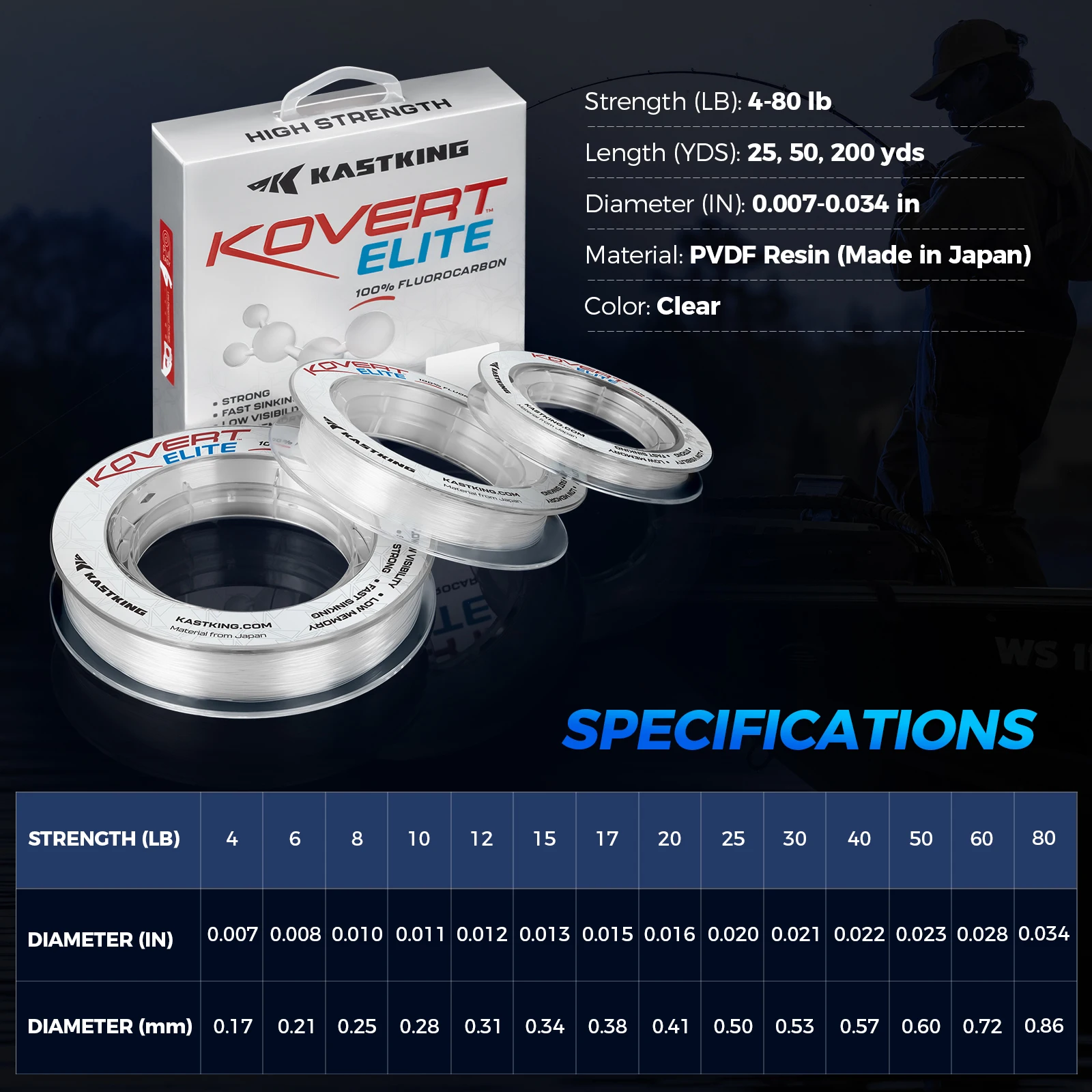 Línea de pesca KastKing KOVERT Elite 100% fluorocarbono resistente a los golpes alta claridad baja visibilidad altamente resistente a la abrasión - imagen 5
