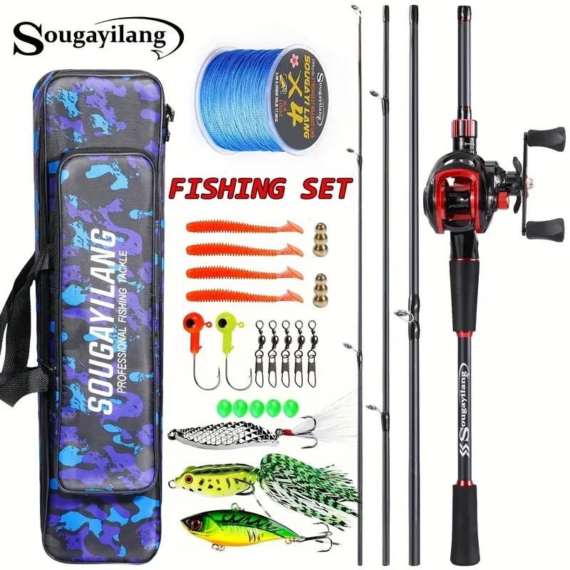 Sougayilang-combo de pesca Baitcasting, caña de fibra de carbono de 4 secciones, carrete de pesca con freno magnético 7,2: 1, con accesorios para bolsa de línea
