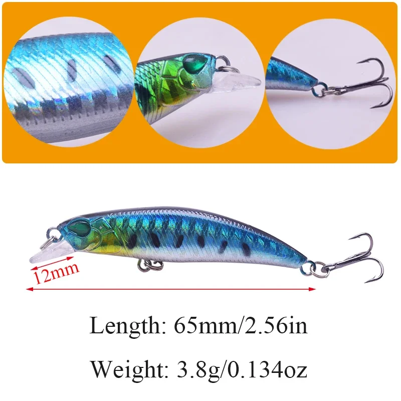 1 pieza 6,5 cm 3,8 g Mini señuelo de pesca Minnow cebo duro con 10 #   Anzuelos Wobblers Crankbaits aparejos de pesca Bass Swimbait - imagen 2