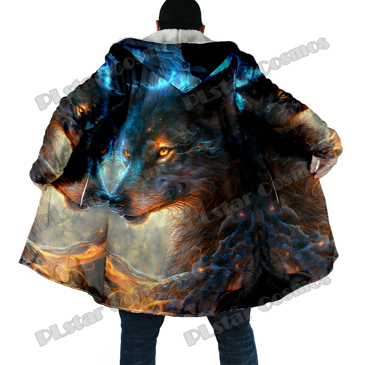 Capa de moda de invierno para hombre, capa con capucha de lana gruesa con estampado 3D de lobo y Luna púrpura, capa cálida informal Unisex BB55 - imagen 3