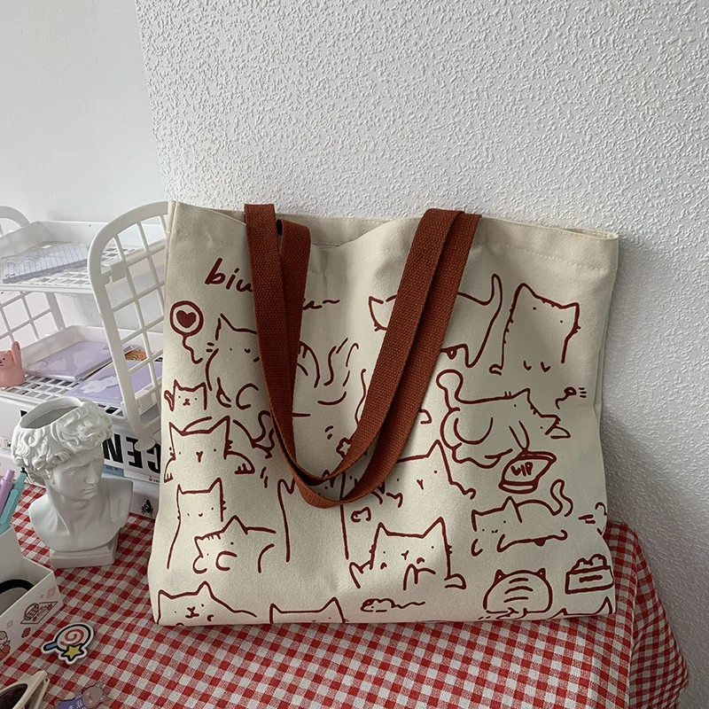 Bolsos de lona, bolso de mano para mujer, bolso de mano con bonito gato y cremallera, bolso de diseñador, bolsos de hombro pequeños de dibujos animados de estilo japonés - imagen 3