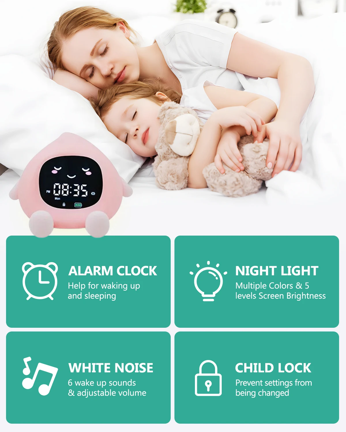 ORIA Reloj despertador infantil recargable con luz nocturna 9 colores - imagen 5
