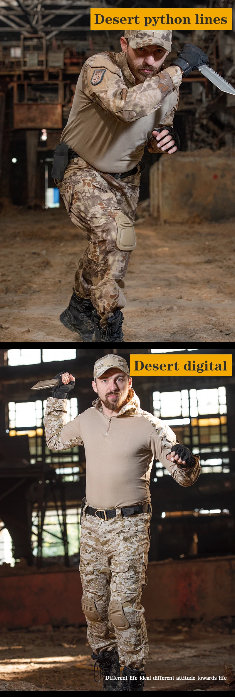 Dos patrones de camuflaje diferentes, cada uno usado por una persona en un ambiente desértico. La mitad superior de la imagen muestra un patrón conocido como Desert Python Lines, que se caracteriza por una serie de líneas diagonales que crean un patrón disruptivo.