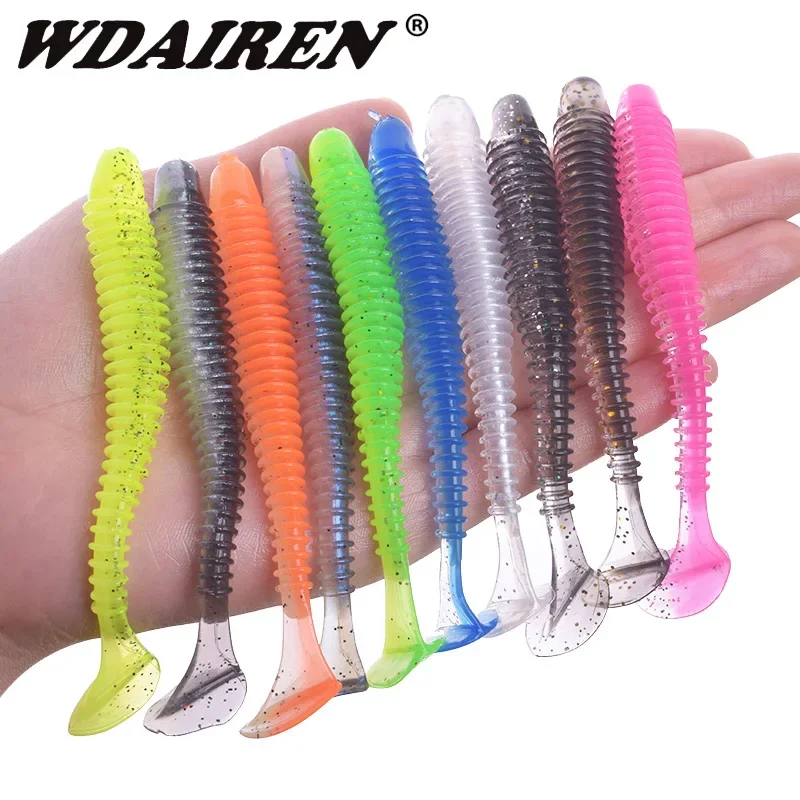 WDAIREN-Señuelos de pesca de gusano, 5cm, 7cm, 9cm, doble Color, cola en T de silicona, cebo suave, cebos artificiales, plantilla de lubina, Wobblers, aparejos de Swimbait - imagen 4
