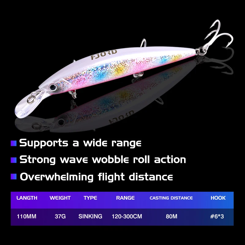 FJORD 110mm 37g pececillo de hundimiento pesado efecto UV de fundición larga láser cebo Artificial duro señuelo de pesca profesional de agua de mar