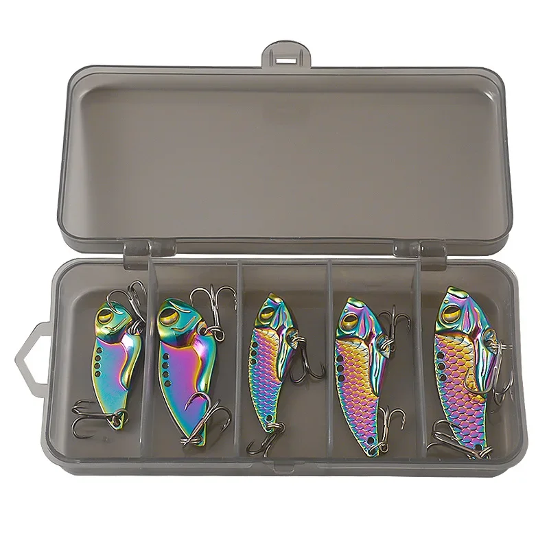 Juego de cebos de lentejuelas de colores, señuelo de simulación de Metal VIB de capa completa, con caja, 7g/10g/14g, 5 unids/lote - imagen 4