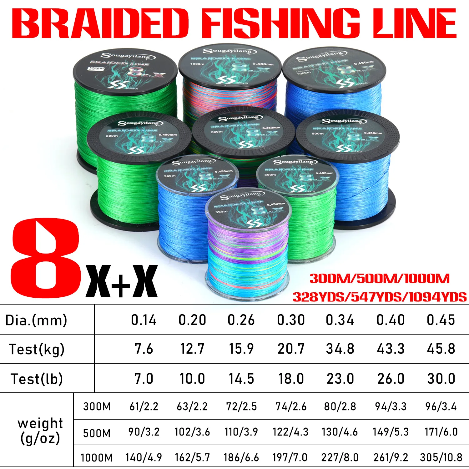 Sougayilang-sedal de pesca trenzado de 8 hebras, multifilamento de 300/500/1000m, hilo de PE para carpa, accesorios de pesca de alambre trenzado - imagen 3