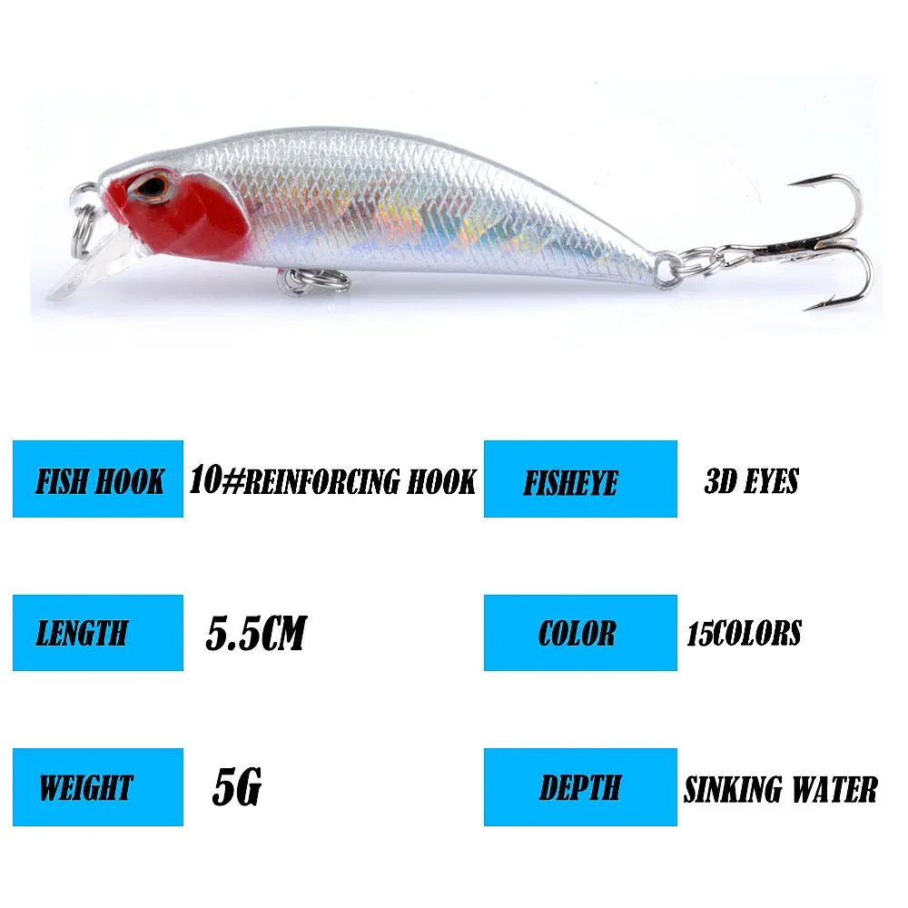 Señuelos de Pesca de hundimiento lento, cebo duro de plástico Artificial, 5cm, 5g, Jerkbait, Crankbait, aparejos de pesca de lubina - imagen 3