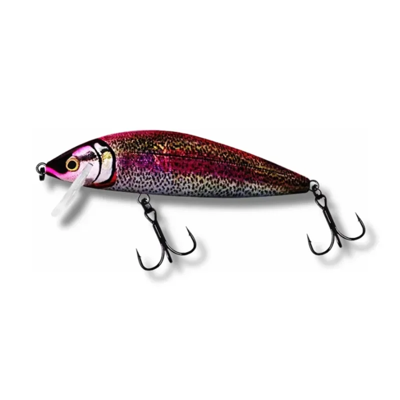 Un vibrante señuelo de pesca multicolor con dos ganchos de agudos, diseñados para una pesca efectiva