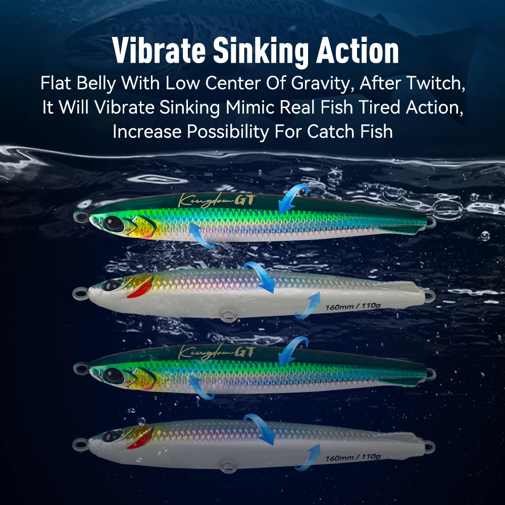 Señuelo de pesca Kingdom, cebo tipo lápiz que se hunde en agua salada, 62g, 90g, 110g, señuelo para trucha y lubina, anzuelo triple, aparejos de pesca Pecsa de fundición larga - imagen 4