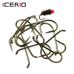 ICERIO 100PCS Pesca con mosca Humeda Ninfas y serpentinas Gancho. Ojo hacia abajo. 2 veces mucho tiempo. Modelo Perfect Bend, Bronce. Material para atar moscas