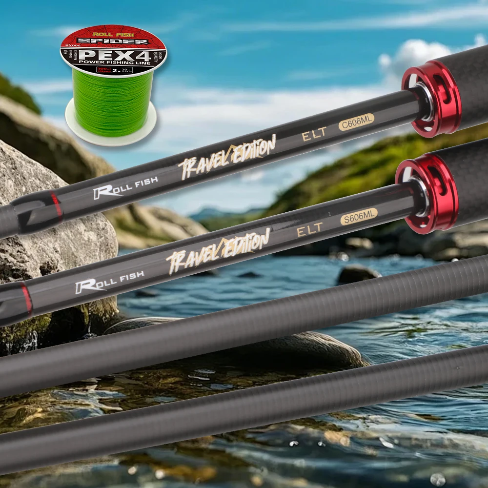 ROLLFISH-caña de pescar telescópica portátil ML de fibra de carbono, señuelo de viaje, con asiento de carrete de sonido + sedal de pesca de 100M - imagen 4