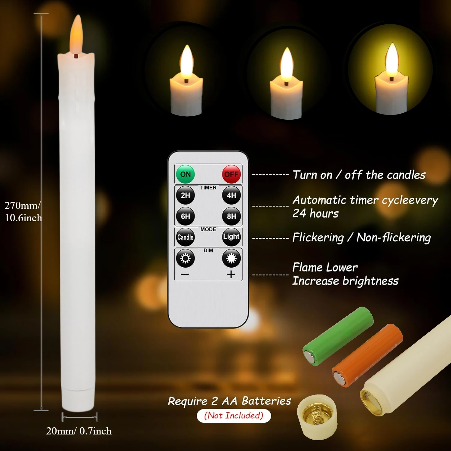 Velas cónicas sin llama con control remoto, candelabros LED con pilas de 10,6 pulgadas, velas parpadeantes para Navidad y boda - imagen 3