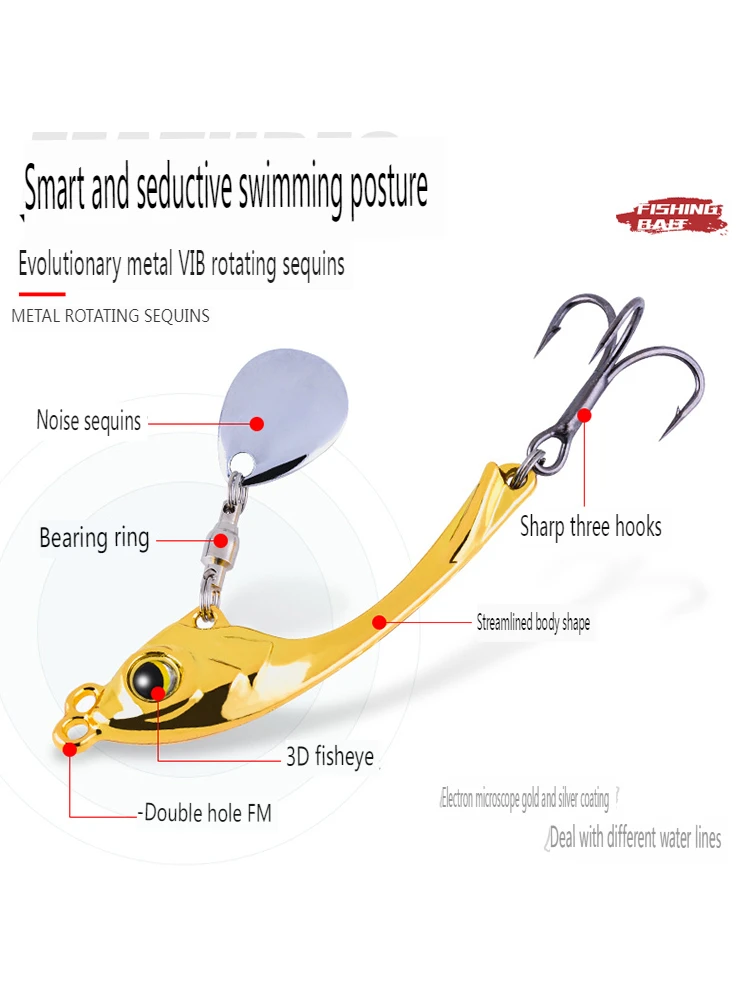 Equipo de pesca PD, cebo giratorio de 10g, 15g, 20g, señuelo de pesca Vib de Metal, cuchara giratoria, Wobbler, cebo duro de hundimiento con lentejuelas - imagen 5