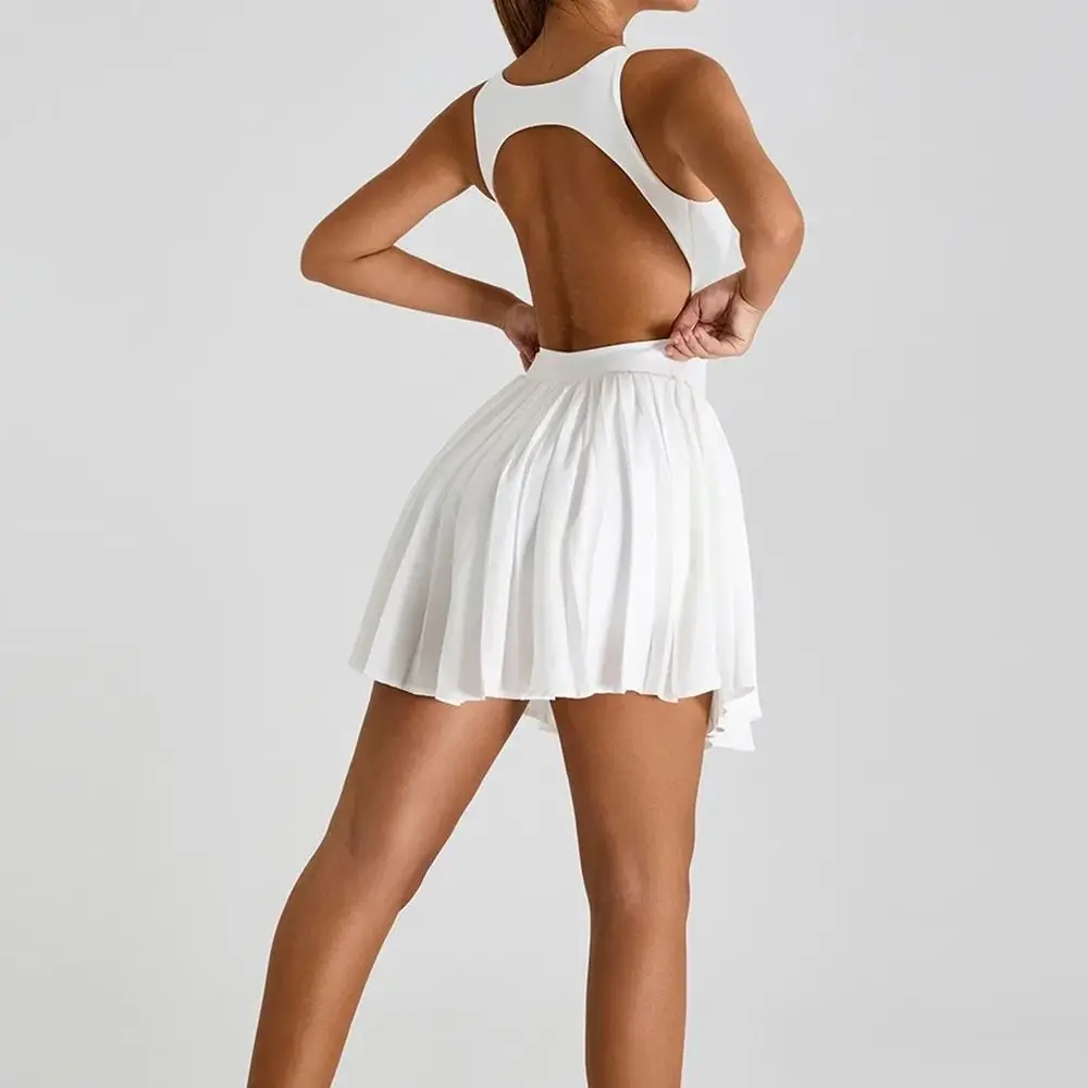 Vestido de tenis ahuecado para mujer, vestido sin mangas de poliéster para Yoga y Fitness, faldas de bádminton con diseño sin espalda de Color sólido - imagen 2