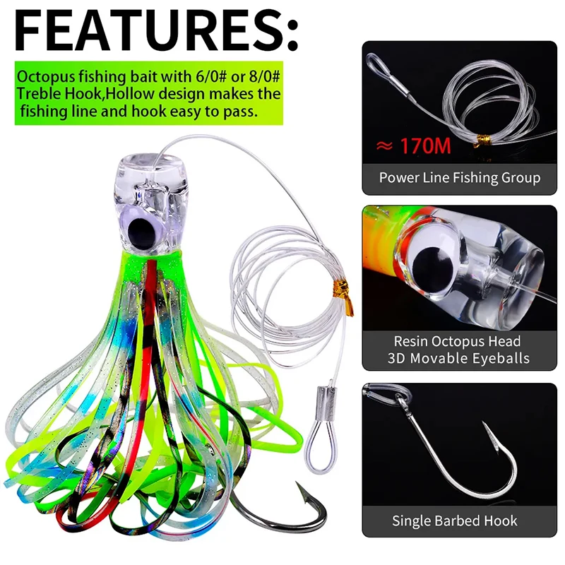 TAKEDO-señuelo de pulpo con un solo gancho, falda de calamar, cebos de pesca de mar, cebo Artificial para curricán de barco, para Wahoo, caballa, atún, Marlin - imagen 2