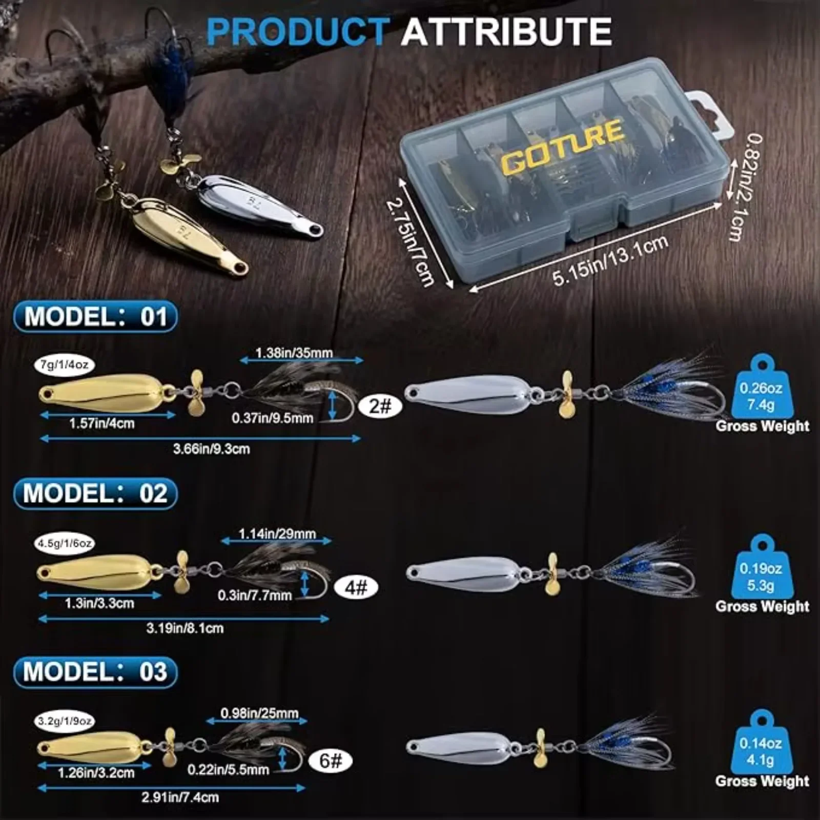 Juego de señuelos tipo cuchara de pesca Goture, 10 Uds., 3,2/4, 5/7g, cebos giratorios de Metal con anzuelo de plumas, para trucha, lubina, bagre, caja de aparejos - imagen 4