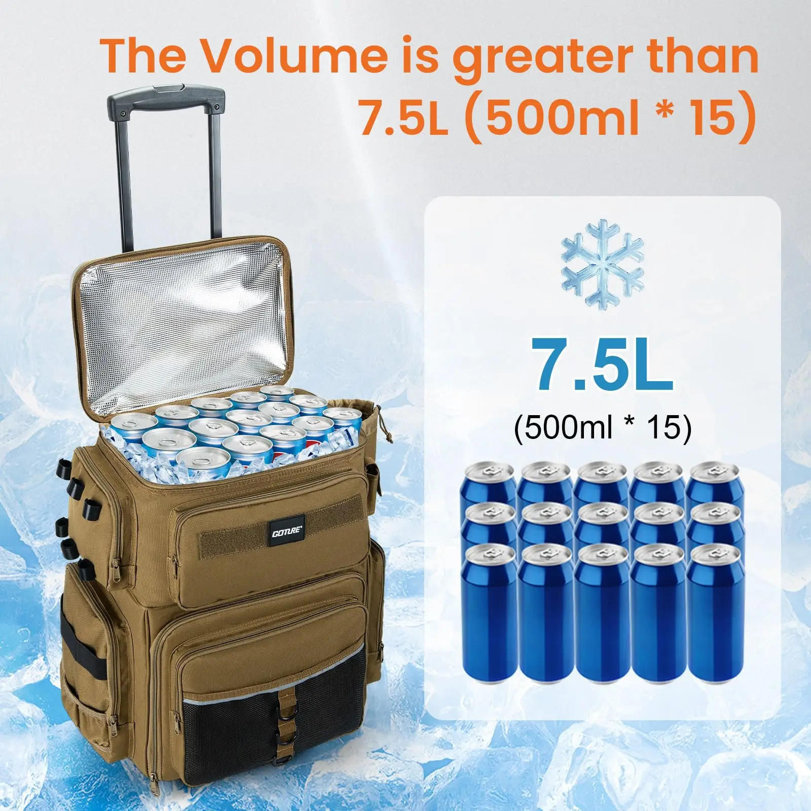 Goture Caja de aparejos rodante de 66L con enfriador, bolsa de pesca grande, mochila de aparejos resistente al agua salada con soportes para caña, equipo de pesca - imagen 3