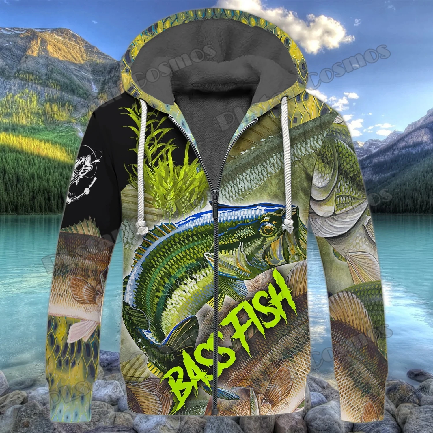 JH14-Sudadera con capucha y cremallera para hombre, chaqueta con estampado 3D de perca amarilla, forro polar, informal, gruesa y cálida, de invierno - imagen 2