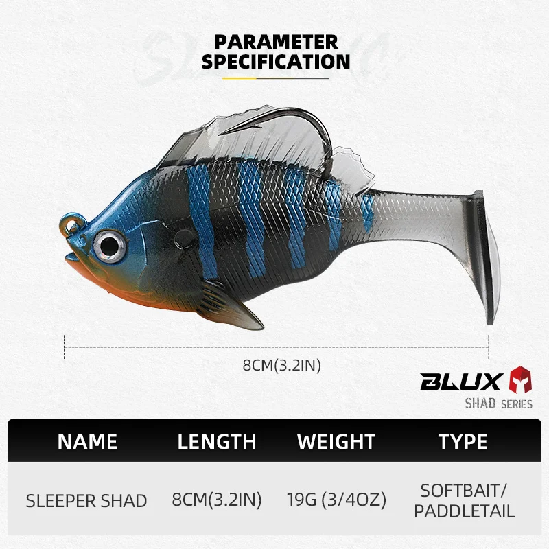 BLUX SLEEPER SHAD-señuelo de pesca con parte inferior de enmalle, 8cm, 19g, cabeza de plomo, anzuelo oculto, cebo suave, Swimbaits, plantilla de pez, cola de paleta, Lucio, equipo de lubina - imagen 2