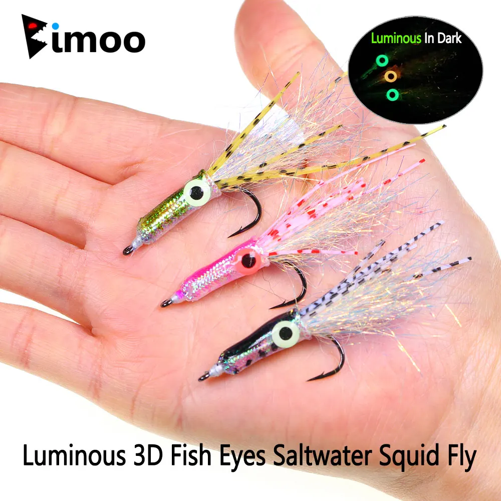 Bimoo 3 piezas # 4 ojos de pez luminosos 3D, calamar de agua salada, mosca Flashabou, oropel, cola, Streamer, Tarpon, lubina, pargo, atún, señuelo de pesca de mar - imagen 2