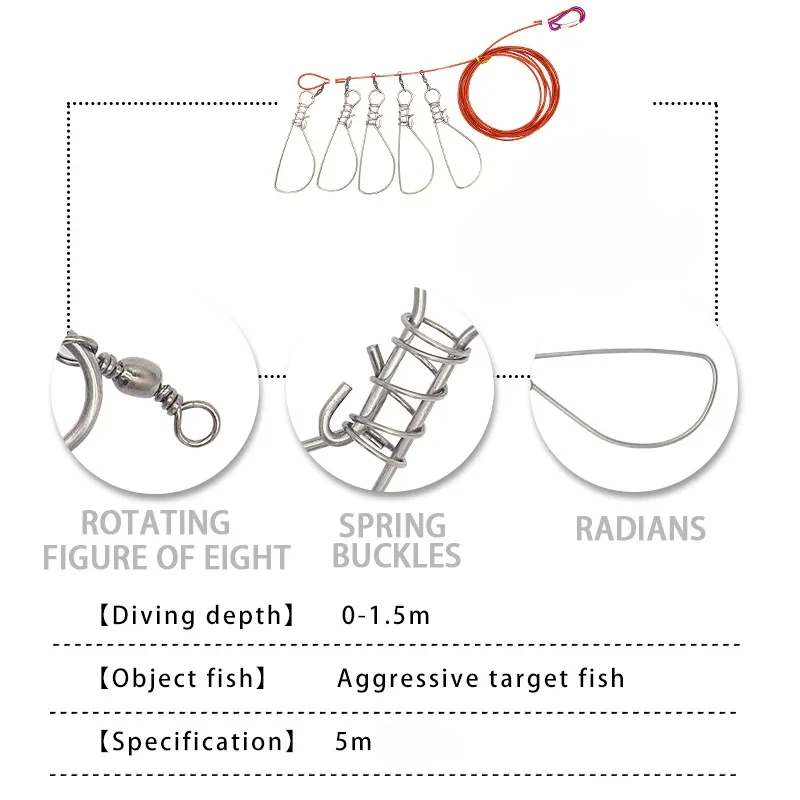 Candado de pesca de 5M, herramientas de hebilla de pesca, hebilla de bloqueo de pesca con carrete, cordón de acero inoxidable, cinturón de bloqueo de pescado, aparejos de pesca Stringer - imagen 3