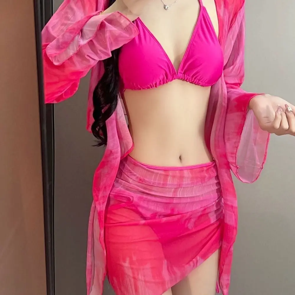 Conjunto de Bikini Tie Dye de malla de manga larga, conjunto de traje de baño de 4 piezas, Top corto con cordones, minifalda con cordón, traje de baño para vacaciones