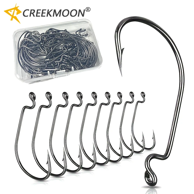 50 unids/lote manivela de acero alto en carbono Offset anzuelos de pesca de gusano anzuelo de púas súper grande negro anzuelo de manivela de espacio ancho 7 tamaños anzuelos