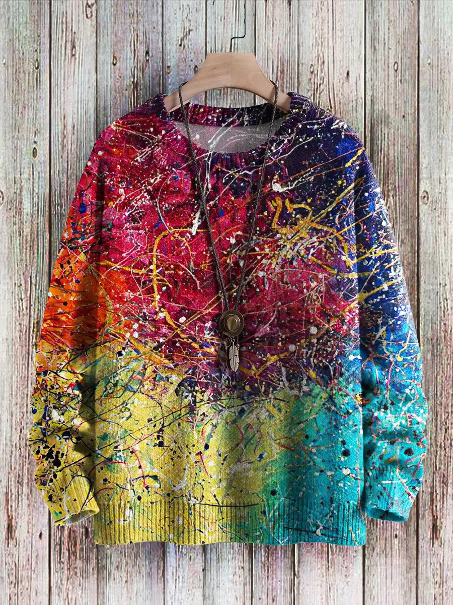 Jersey de punto informal Unisex de invierno, suéter con estampado de arte Retro, suéter de manga larga con cuello redondo a la moda, sudadera KMY40 - imagen 2