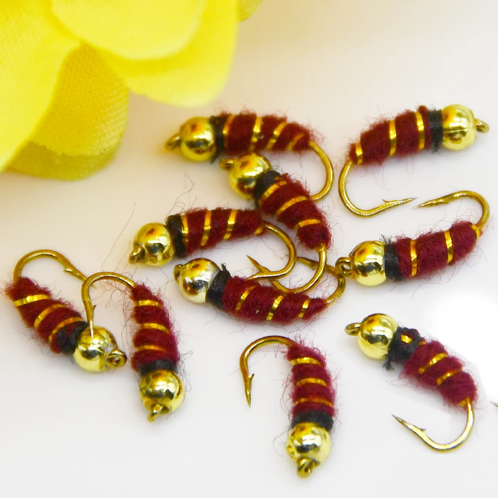 MNFT 10 Uds cabeza de cuentas doradas de latón ninfa mosca larva moscas ala perca cebos señuelos artificiales para trucha 14 # - imagen 5