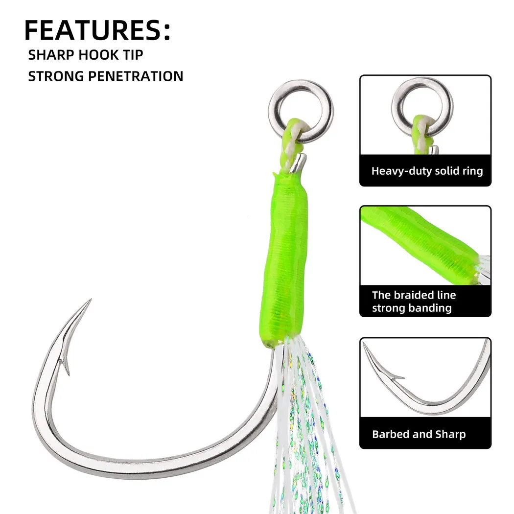 Anzuelos de ayuda para plantilla, 5 uds., línea de acero inoxidable de alta resistencia, tubo luminoso, pluma, anillo sólido, anzuelo de Jigging, anzuelos de pesca para barcos - imagen 4