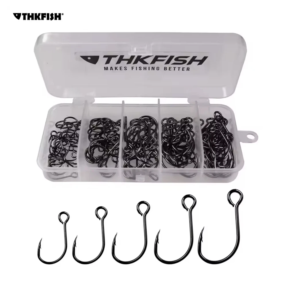 THKFISH 50 Uds. Anzuelos individuales en línea de ojo grande, Kit de anzuelos de pesca de acero rico en carbono para cuchara, accesorios de señuelos duros, anzuelos de púas - imagen 3