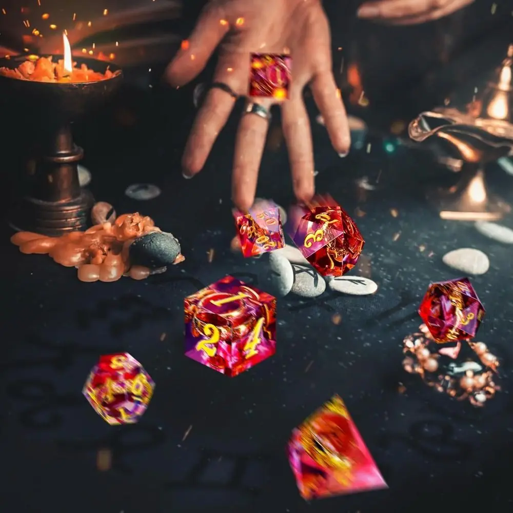 Juego de dados líquidos de resina creativos, 7 Uds., azul, verde, morado, dados líquidos poliédricos D4 D6 D8 D10 D12 D20, dados de esquina afilados para D & d DND - imagen 4