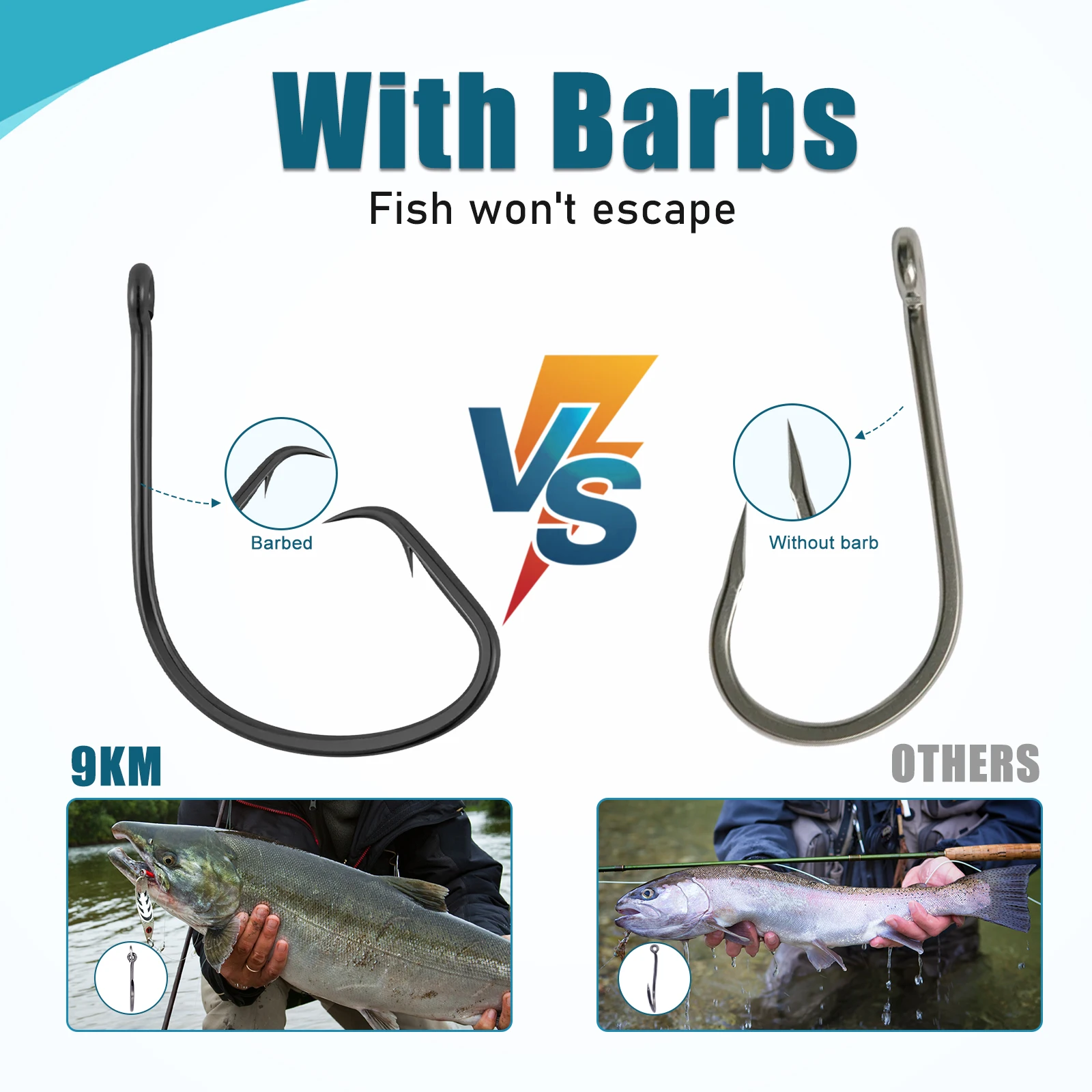 Anzuelo de pesca de 9KM, anzuelo circular en línea, anzuelos de cebo vivo con púas, anzuelo de espacio ancho de acero rico en carbono para bagre, lubina rayada, agua salada - imagen 5