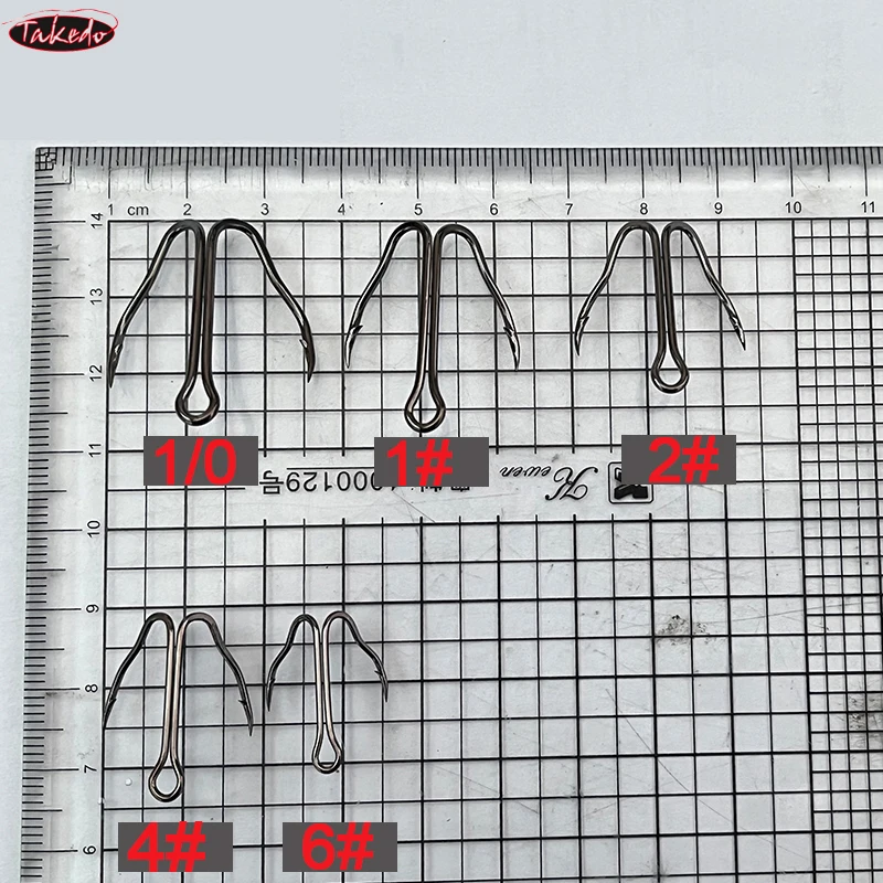 TAKEDO 10 unids/caja 3551 gancho doble de mango corto 6 #   - Anzuelo de pesca de acero con alto contenido de carbono de resistencia 2X para señuelo de rana 1/0 - imagen 5