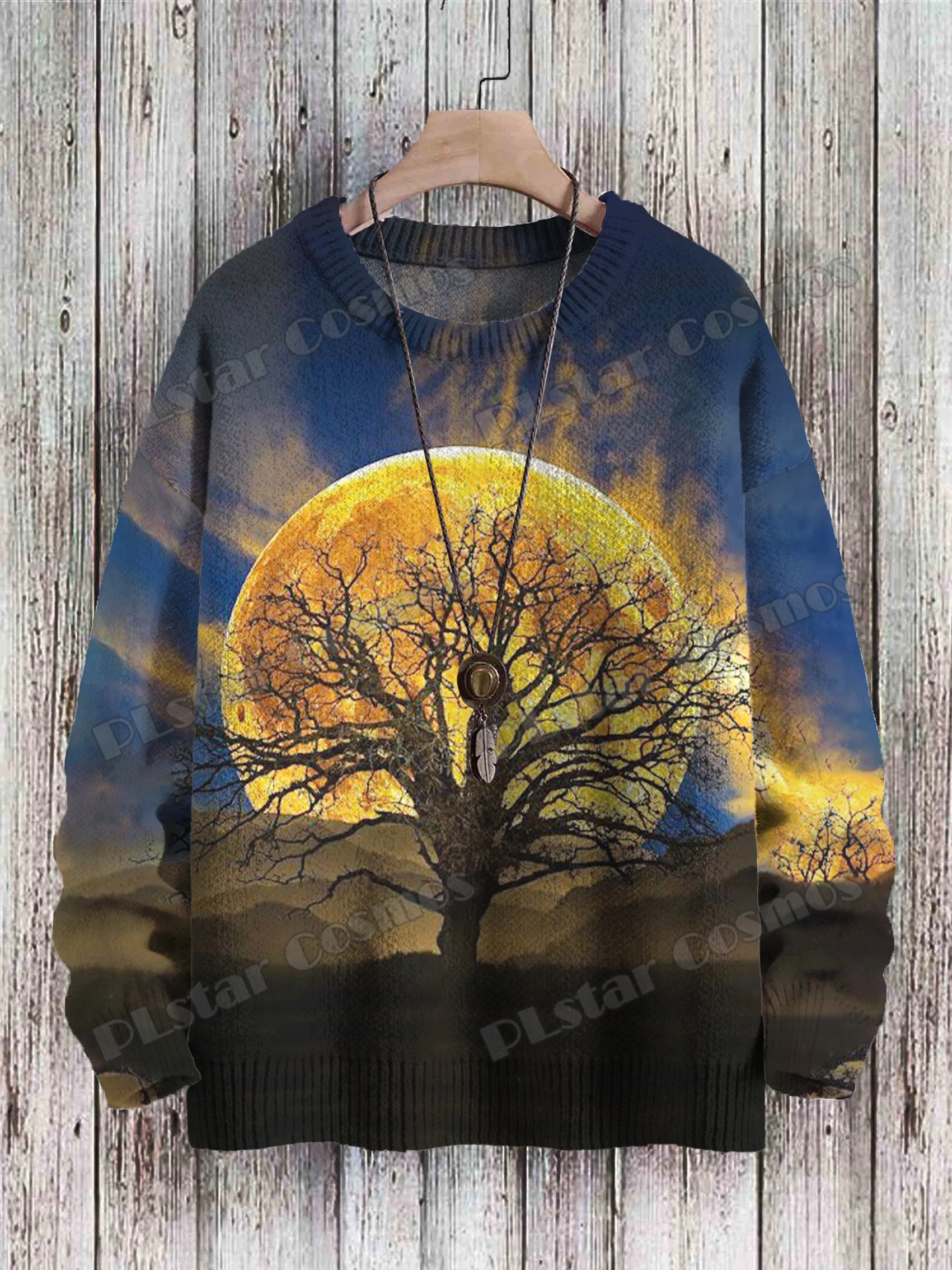 Jersey de punto informal Unisex de invierno, suéter Retro de hojas verdes y sol con arte de árbol, suéteres de punto con cuello redondo impresos en 3D KMY31 - imagen 2