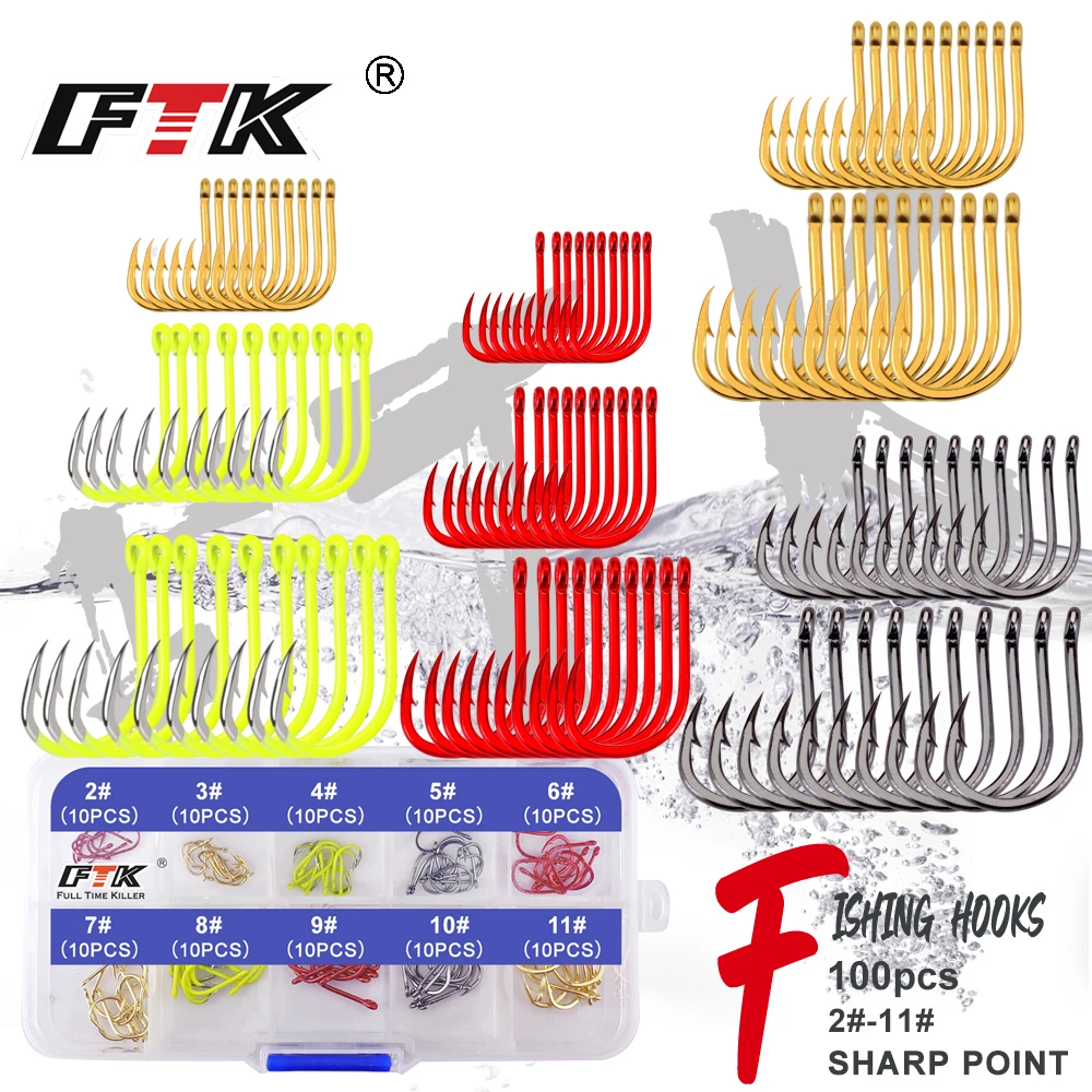 FTK 100 Uds juego de anzuelos de pesca de acero al carbono de un solo círculo colores mezclados 2 # -11 #   Anzuelo de pesca con mosca, anzuelos de carpa con púas, aparejos marinos - imagen 2