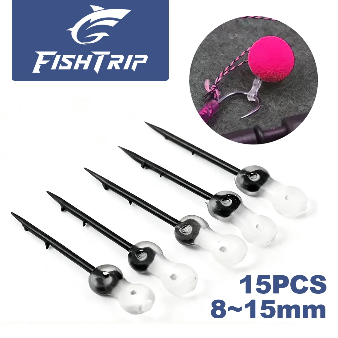FishTrip-anzuelo de pesca de carpa, 15 Uds., Pin de picadura, gancho de vástago recto con anillo de silicona, soporte para cebo, anzuelo de cebo, accesorios de pesca de carpa
