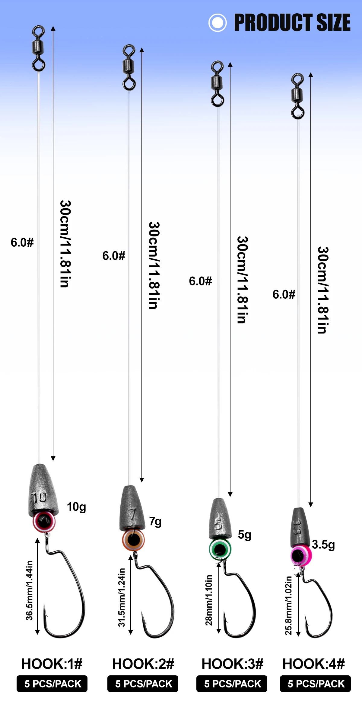 Descubra el tamaño de gancho perfecto para sus necesidades de pesca con gancho#18 Hook#22, gancho#33 y gancho#44, cada uno combinado con 3 piezas/paquete
