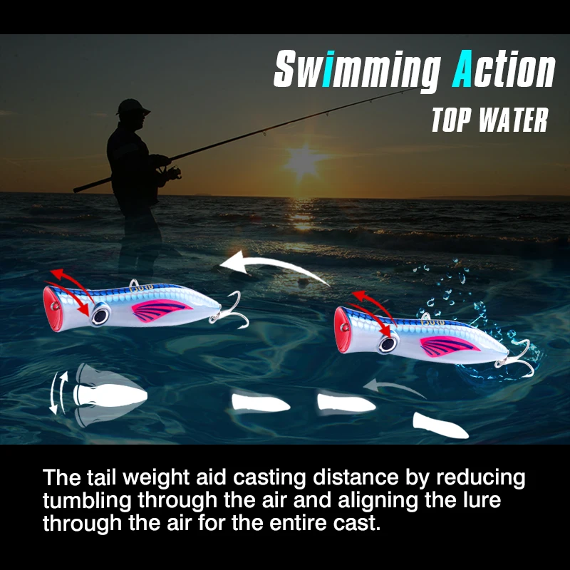 FJORD-señuelo de pesca Popper, cebo de superficie flotante Topwater de 49g con anzuelos triples, cebos duros de mar de agua salada de boca grande, productos de pesca - imagen 5