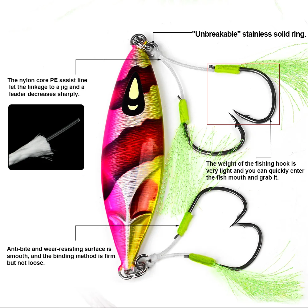 PROBEROS 2 uds Kit de anzuelos de ayuda de pesca dobles, con borlas Señuelos de Jigging de caída lenta, perfecto para Jigging Vertical, pesca al aire libre - imagen 5