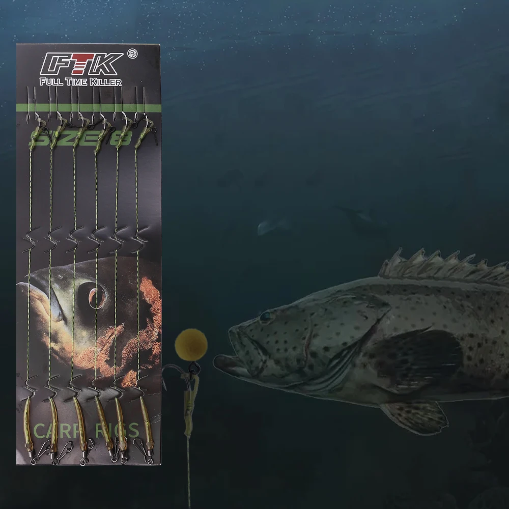 Anzuelos de pesca de carpa FTK 2/4/6/8 #   Aparejo de pelo con anzuelo de carpa para carpa, 6 uds., con línea, Boilies listos, cebo, aparejos de pesca de carpa - imagen 4