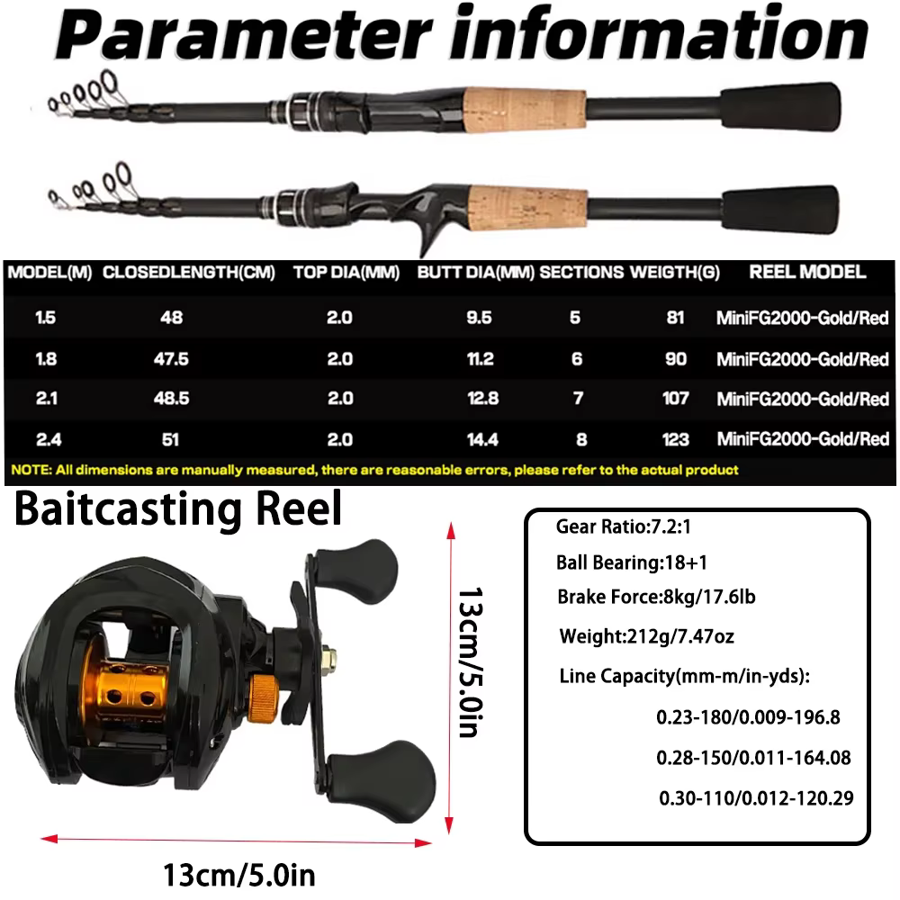 Kit de carrete de caña de pescar de carbono de 1,5-2,4 m, caña telescópica de fundición giratoria portátil 7,2: 1, carrete de Baitcasting Max 8kg, accesorios de pesca - imagen 4