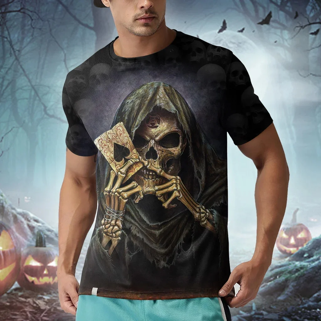 Reaper Card Skull Pattern Halloween 3D completamente estampado camiseta de moda para hombre verano Unisex pantalón corto Casual camiseta de manga TX308