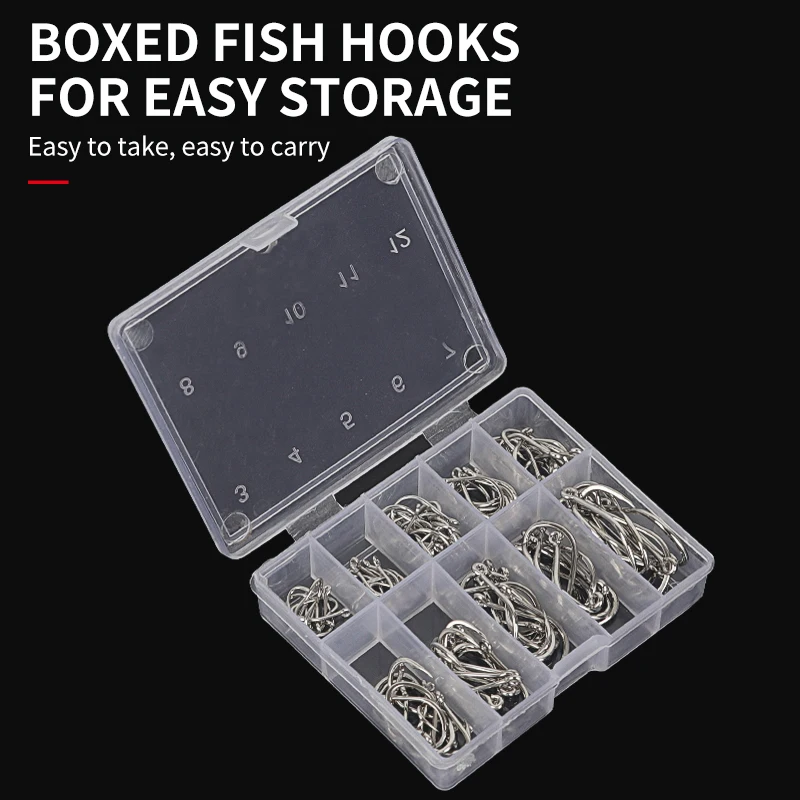 Juego de anzuelos de pesca, caja de 100 Uds., serie 10, anzuelo de pesca de un solo círculo de acero rico en carbono, pesca con mosca, anzuelos de carpa con púas Jip