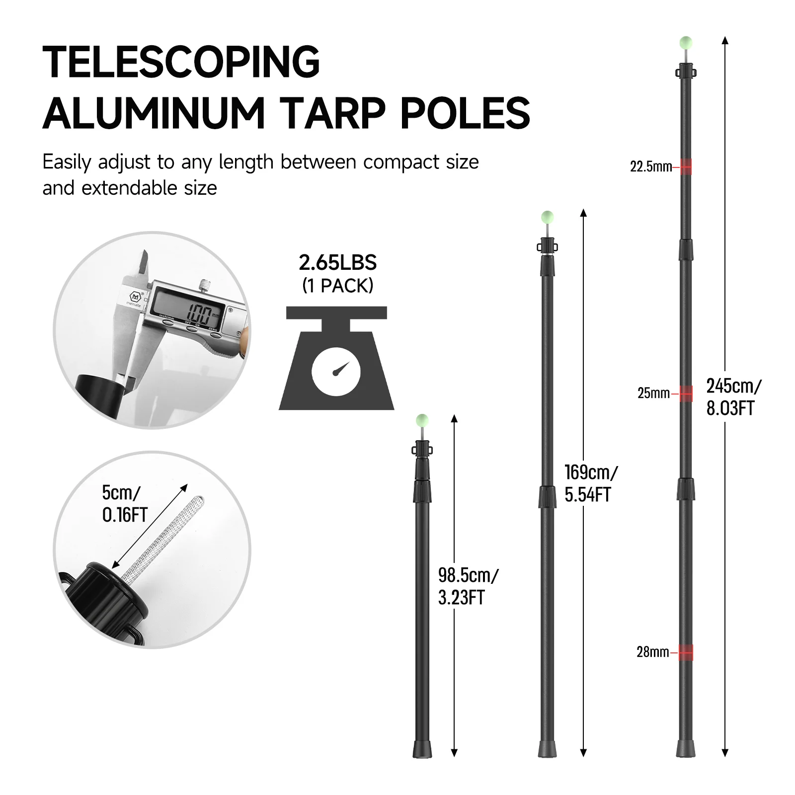 SANLIKE 245cm 2 uds poste de tienda telescópico ajustable punta que brilla en la oscuridad de aluminio de aviación para dosel Camping actividades al aire libre - imagen 3