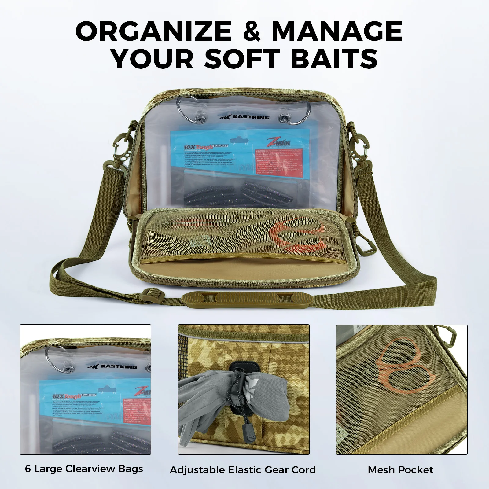 Mochila para aparejos de pesca KastKing BaitSpace de 50L con carpeta de cebo extraíble, 2 soportes para caña, almacenamiento de equipo y equipo de pesca - imagen 5