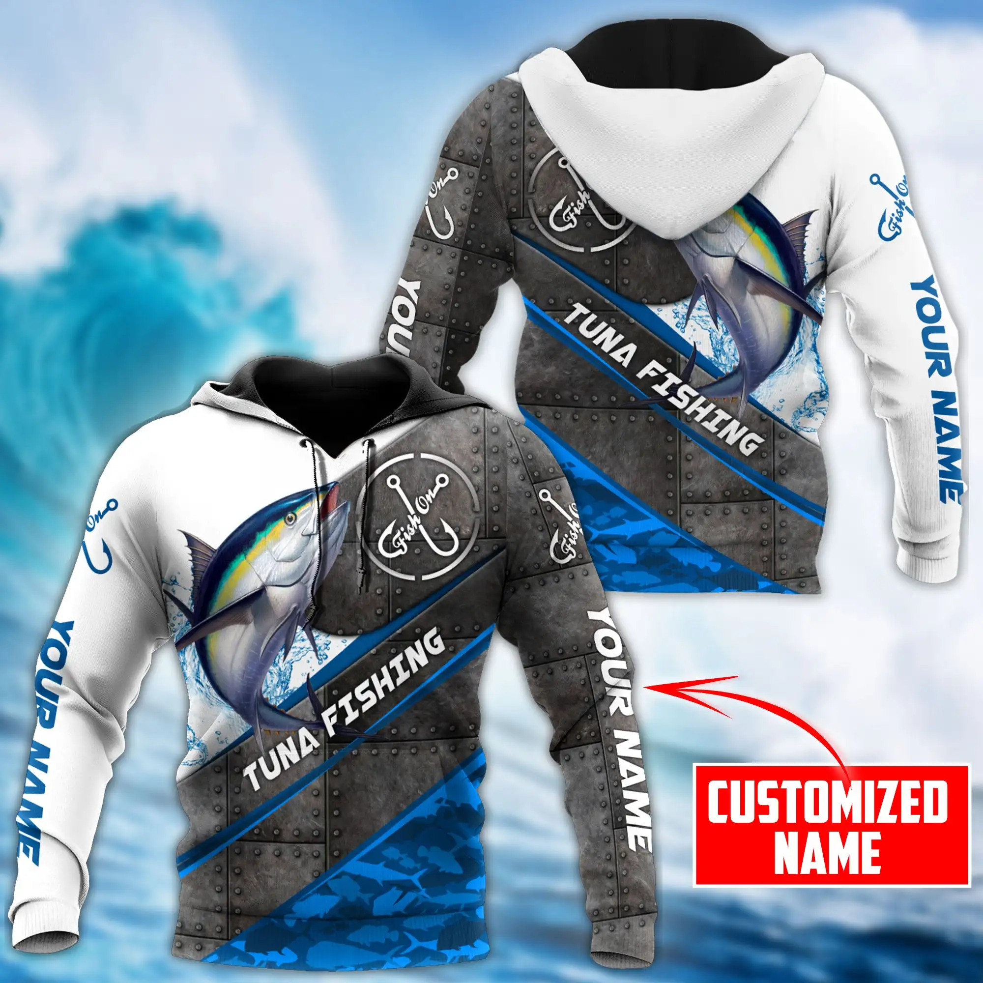 Sudadera con capucha y sudadera para hombre con estampado 3D de nombre personalizado de pesca atún, sudaderas con cremallera Unisex de otoño, ropa deportiva informal KJ860 - imagen 3
