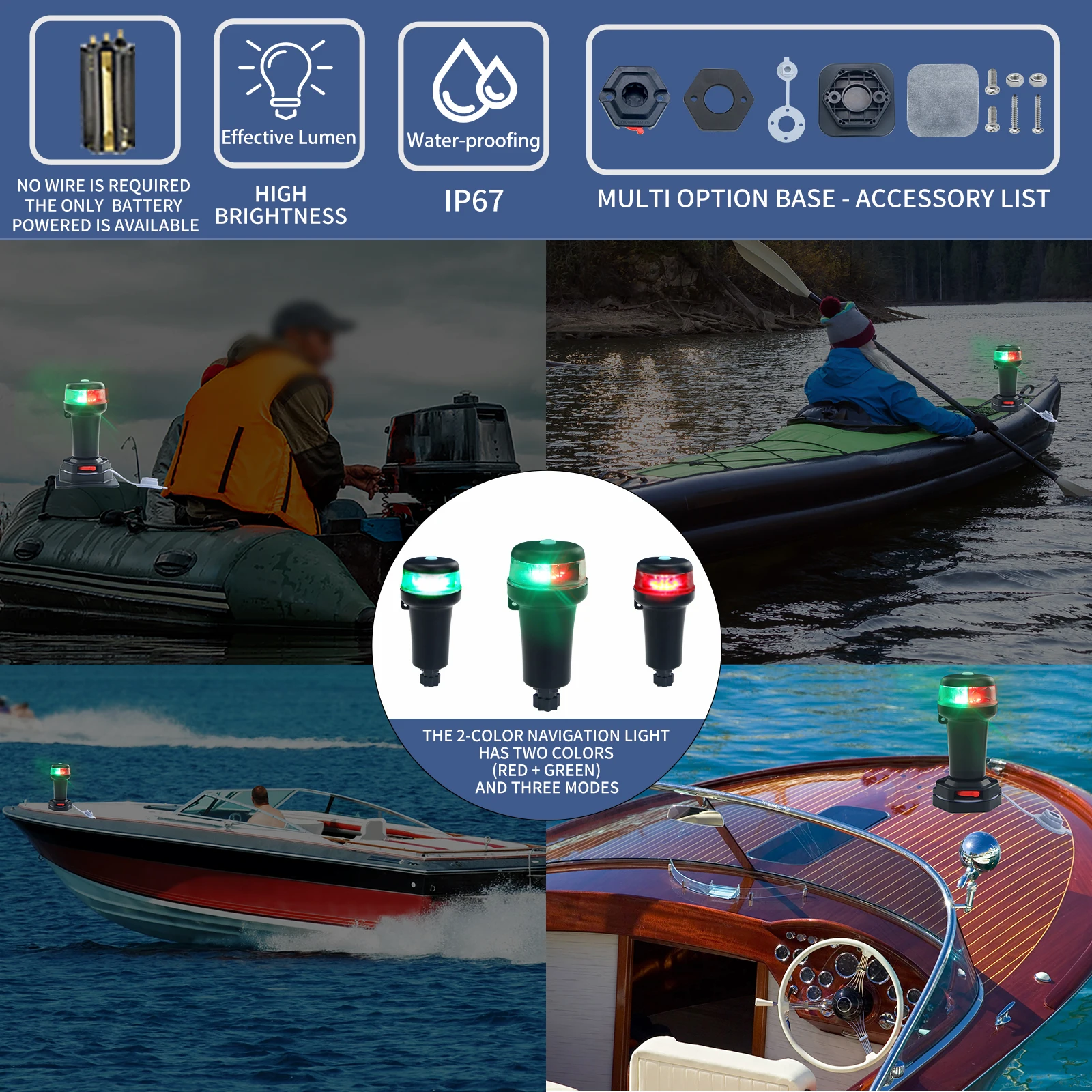 Lámpara LED portátil de navegación para barcos con adaptadores de colores multiluz para kayak marino: requiere pilas AA (no incluidas) - imagen 3